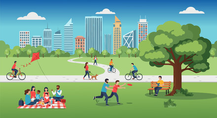 Vibrant urban park scene with diverse people enjoying various leisure activities like cycling, picnicking, and playing frisbee, set against a modern cityscape backdrop on a sunny day