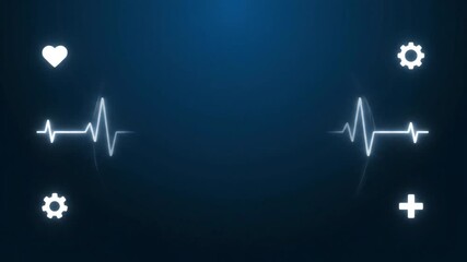 Glowing digital display showing dual ECG heart rate lines on a dark blue screen, accented by medical and system icons (heart, gears, cross). Focus on healthcare technology and monitoring. - Powered by Adobe
