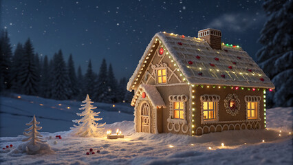 Fototapeta premium Enchanting Snowy Winter Cabin with Festive Lights under a Starry Night Sky