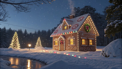 Fototapeta premium Photorealistic 8K Winter Cabin Scene with Warm Lights and Frozen Pond