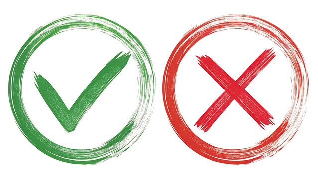 Hand-Drawn Watercolor Green Tick and Red X Symbols with Grunge Style