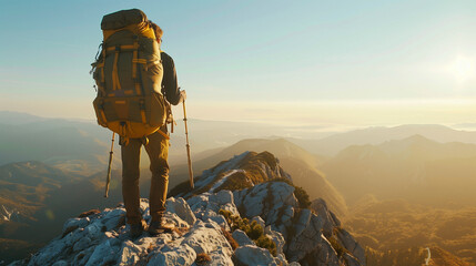 Hiker with backpack standing on mountain ridge at sunrise
Traveler enjoying mountain view during adventure trip