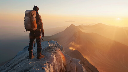 Hiker with backpack standing on mountain ridge at sunrise
Traveler enjoying mountain view during adventure trip