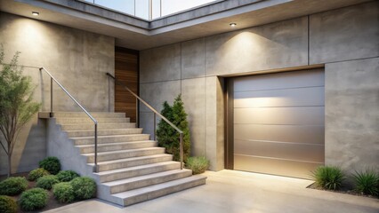 Obraz premium Modern residence exterior showcasing contemporary staircase and sleek garage door design featuring minimalist landscaping