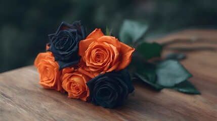 A bouquet  of  orange and black roses