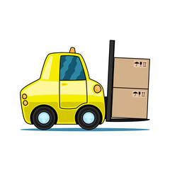 A yellow forklift carries boxes on a white background.