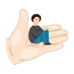 A man sitting on a palm on a white background.