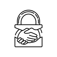 Business icon of a handshake in a lock on a white background.