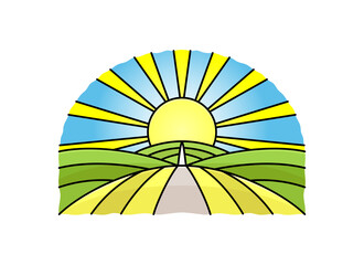 The sun rises over the fields icon on a white background.