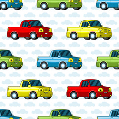 Seamless pattern with multicolored cars on a white background.