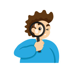 A man looking through a magnifying glass on a white background.