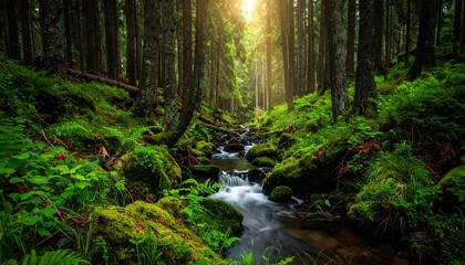 Obraz premium Sunlit Stream Through Lush Forest - A Serene Nature Scene.