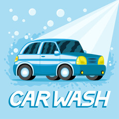 Car wash banner with a blue car on a blue background.