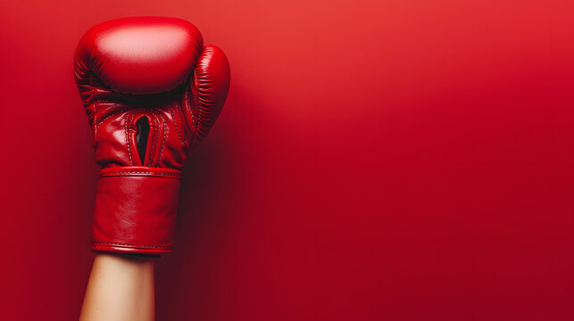 A raised hand with a boxing glove against a red background with copyspace