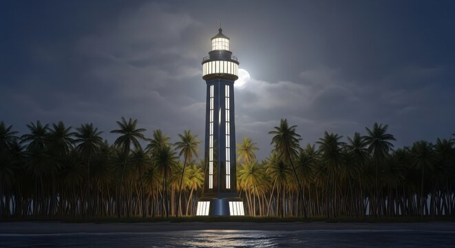 Illuminated Lighthouse Tower Stands Tall Amidst Palm Trees Under Moonlight night