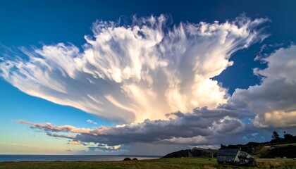 Dramatic cloud formation over field, near coast. Sunset lighting highlights the cloud