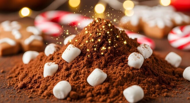 Warm winter holiday treat preparation with rich cocoa powder, fluffy marshmallows, and festive candy canes