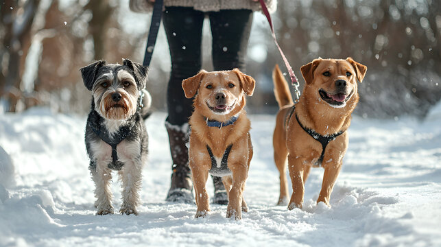 Several dogs on leashes stand near their owner in a snowy winter park
