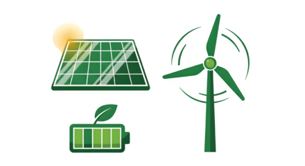 Green energy icons (solar, wind, leaf battery) isolated on PNG background.