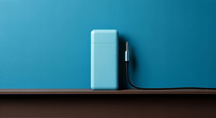 Minimalist Light Blue Portable Speaker with Audio Jack on Shelf Against Teal Wall