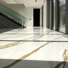 Modern Architectural Interior: Marble Floor, Glass Staircase, Dramatic Light.