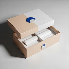 Minimalist Open Gift Box with Geometric Blue and White Emblem on Soft Peach and White Surface