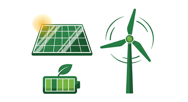 Green energy icons (solar, wind, leaf battery) isolated on PNG background.