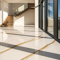 Modern Luxury Interior: Floating Staircase, Marble Floor, and Sunlight Reflections
