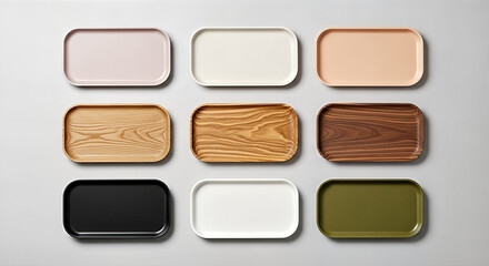Nine Rectangular Trays: Wood Grain and Solid Colors, Minimalist Design, Overhead View.