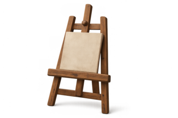 Wooden art easel holding a blank white canvas, displaying creativity and artistic expression on a transparent background