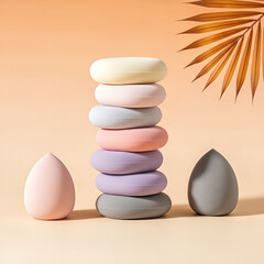 Pastel Makeup Sponges Stacked Artfully Beside Single Sponges with Dried Palm Leaf Accent