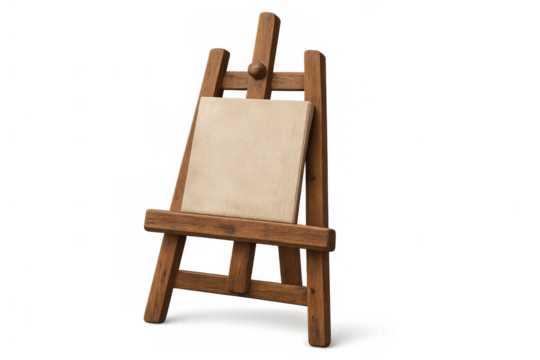 Wooden art easel holding a blank white canvas, displaying creativity and artistic expression on a transparent background