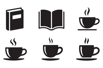 Book and coffee cup group silhouette icon set, reading and relaxation concept on white background illustration

