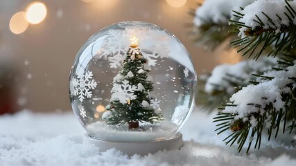 Traditional Christmas tree snow globe with falling snow and blurred bokeh lights background.【Generative AI】
 - Powered by Adobe