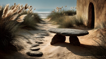 Obraz premium Seaside Sanctuary Stone Bench and Coastal Path to the Beach.
