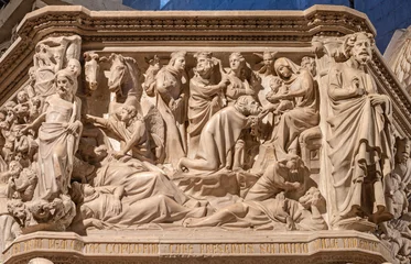 Fotobehang Jezus Christus Pistoia - The marble relief of Tree Magi on the medieval pulpit in the church Pieve di Sant'Andrea by Giovanni Pisano from year 1301.  © Renáta Sedmáková