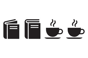 Book and coffee cup group silhouette icon set, reading and relaxation concept on white background illustration
