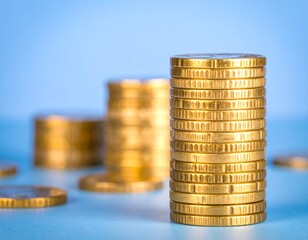 Stack of euro coins on light blue background, closeup