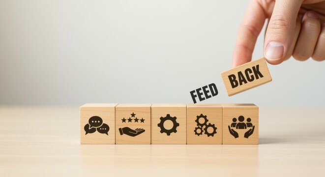 Feedback concept with wooden blocks and icons business hand communication quality process team customer service improvement review