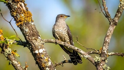 Cuckoo perched on mossy branch, bright-eyed, in nature's embrace. Focused detail, natural lighting, blurred background