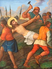 Fotobehang Jezus Christus Vienna - The painting  Veronica wipes the face of Jesus as part of Cross way stations in church Rochuskirche by unknown artist.  © Renáta Sedmáková