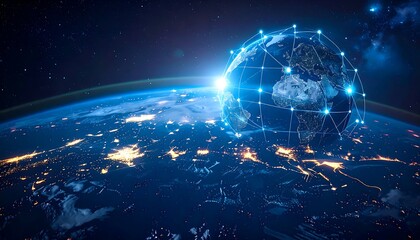Earth globe with a network overlay; bright lights scattered across the land