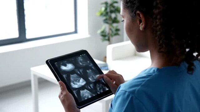 A healthcare professional in blue scrubs reviews ultrasound scans displayed on a digital tablet in a bright clinic room. She uses her finger to navigate the multiple grayscale USG images, focusing on