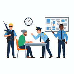 Police interrogating a suspect with officers standing guard and a complex diagram on the wall
