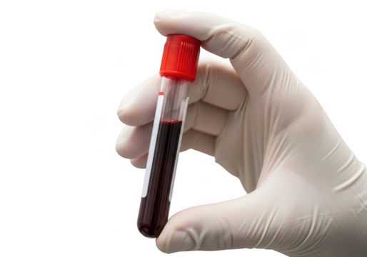 Gloved hand holding blood sample vial medical laboratory research healthcare transparent background