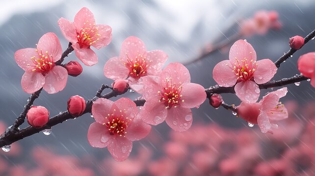 Delicate pink cherry blossoms with water droplets in soft rain pink flowers photo
