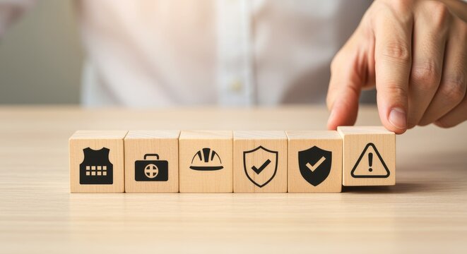 Safety and Protection Concept on Wooden Blocks risk management workplace safety icons security hazard warning shield check mark vest