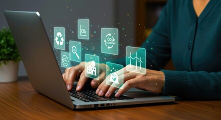 Sustainable Business Practices on Laptop sustainability technology environment eco-friendly carbon footprint renewable energy recycling