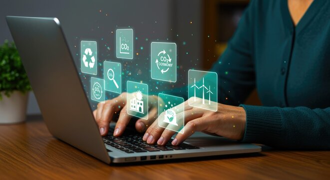 Sustainable Business Practices on Laptop sustainability technology environment eco-friendly carbon footprint renewable energy recycling