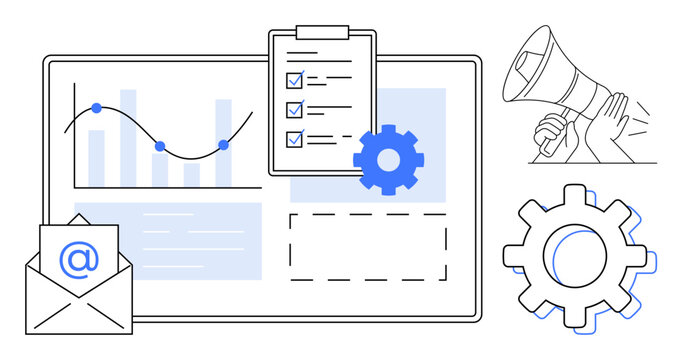 Marketing dashboard with graph, clipboard checklist, gear icon, envelope, and megaphone. Ideal for communication, workflow, productivity, analytics advertising project management simple flat
